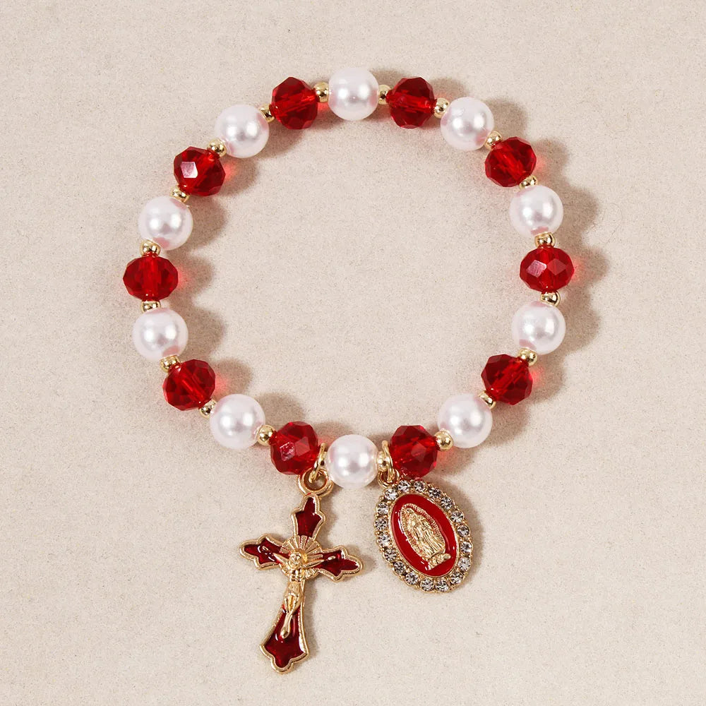 Christian Crystal Pearl Bracelet Jesus Cross Virgin Mary Pendant Religious Jewelry for Women Boho Y2K Prayer Wrist Jewelry Gift