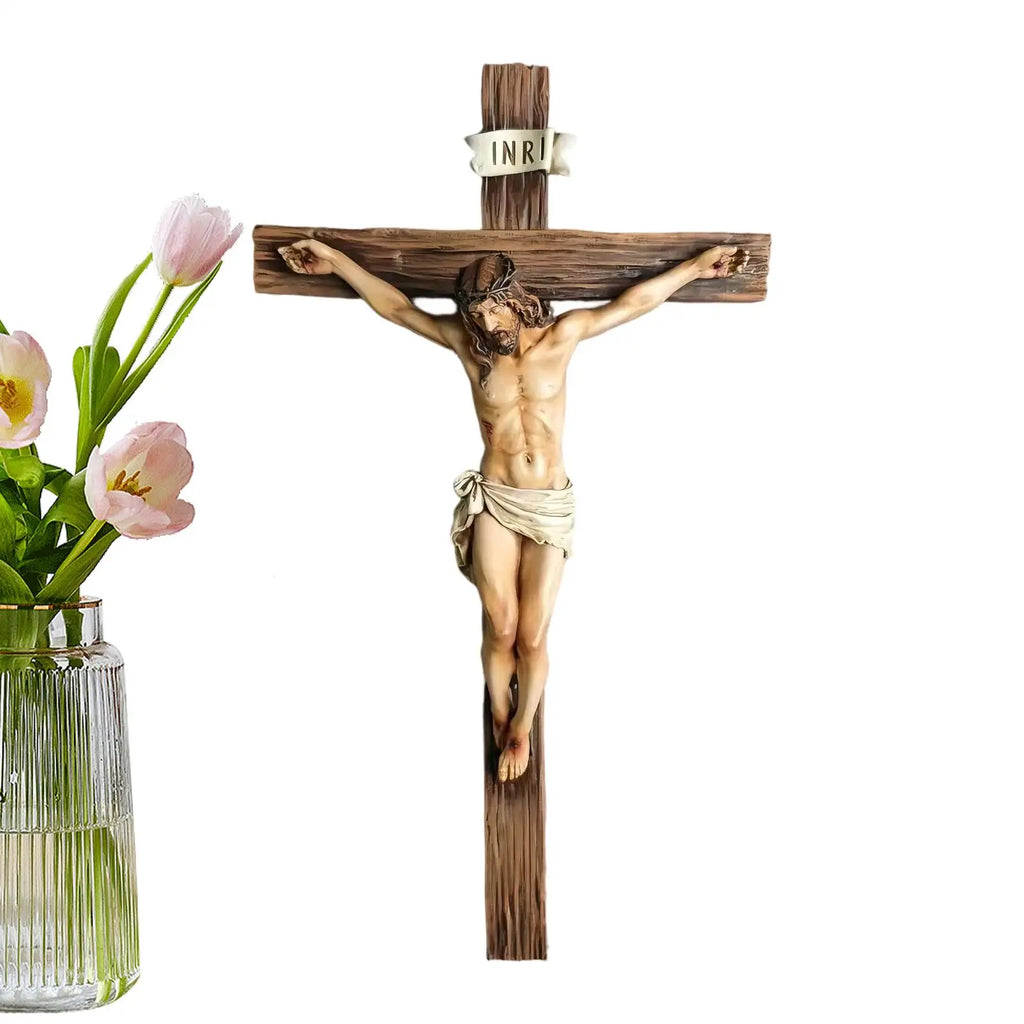 Religious Jesus Cross Crucifix Statue for Christian Home Decors Saint Catholic Figurine Crafts Wall Hanging Ornament
