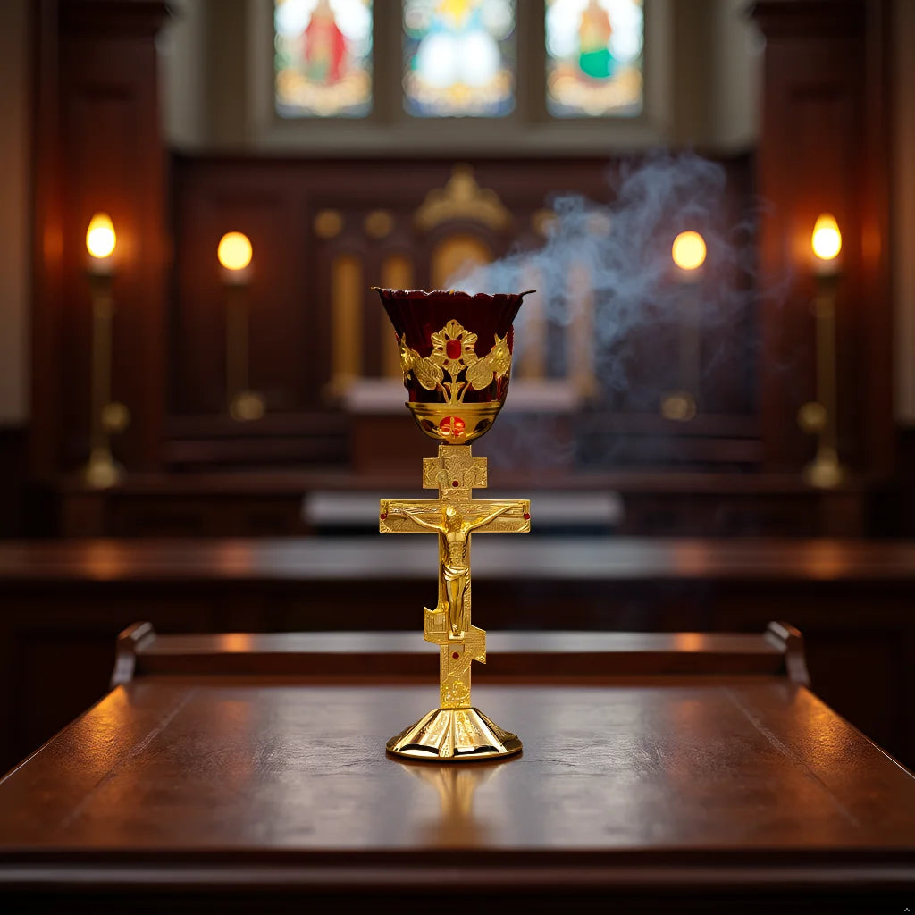 Christian Oil Lamp with Chalice and Crucifix, Zinc Alloy Red Glass Wick Holder, Religious Home Altar, Church Decor