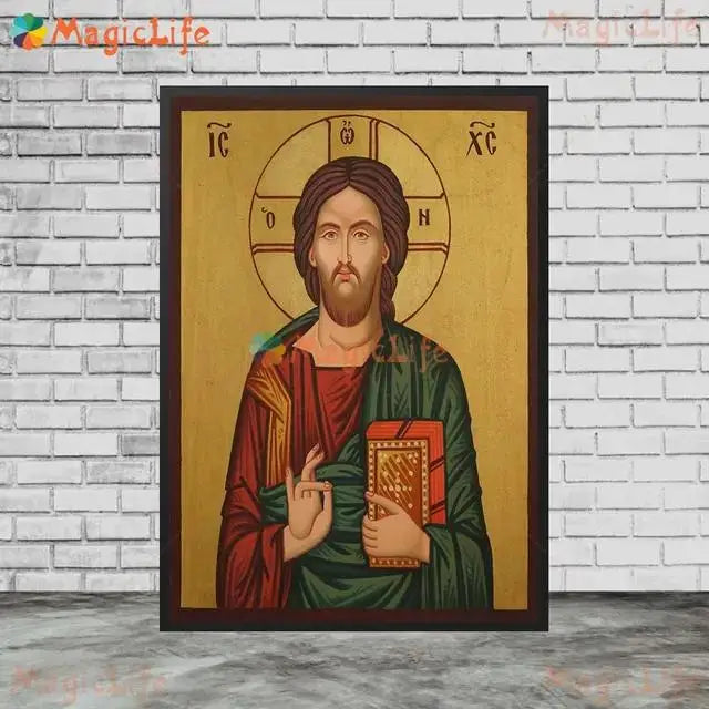Christ Blessing Icon Orthodox Pantocrator Wall Art Unframed Canvas Painting for Church Room Decor