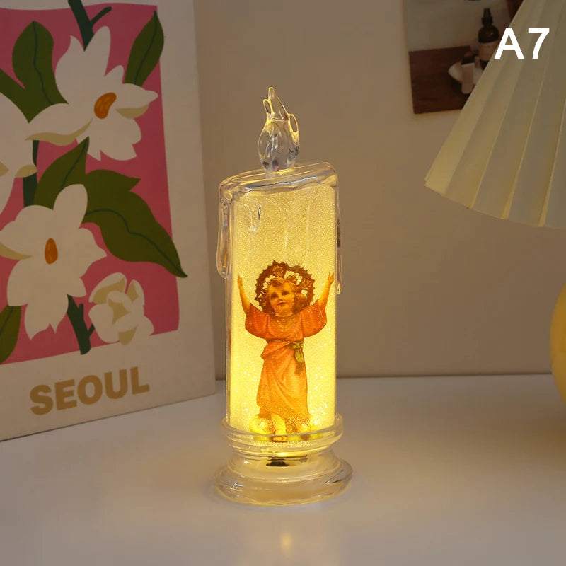 Flameless LED Prayer Candle with Jesus & Virgin Mary - Decorative Religious Night Light for Home Altar or Gift