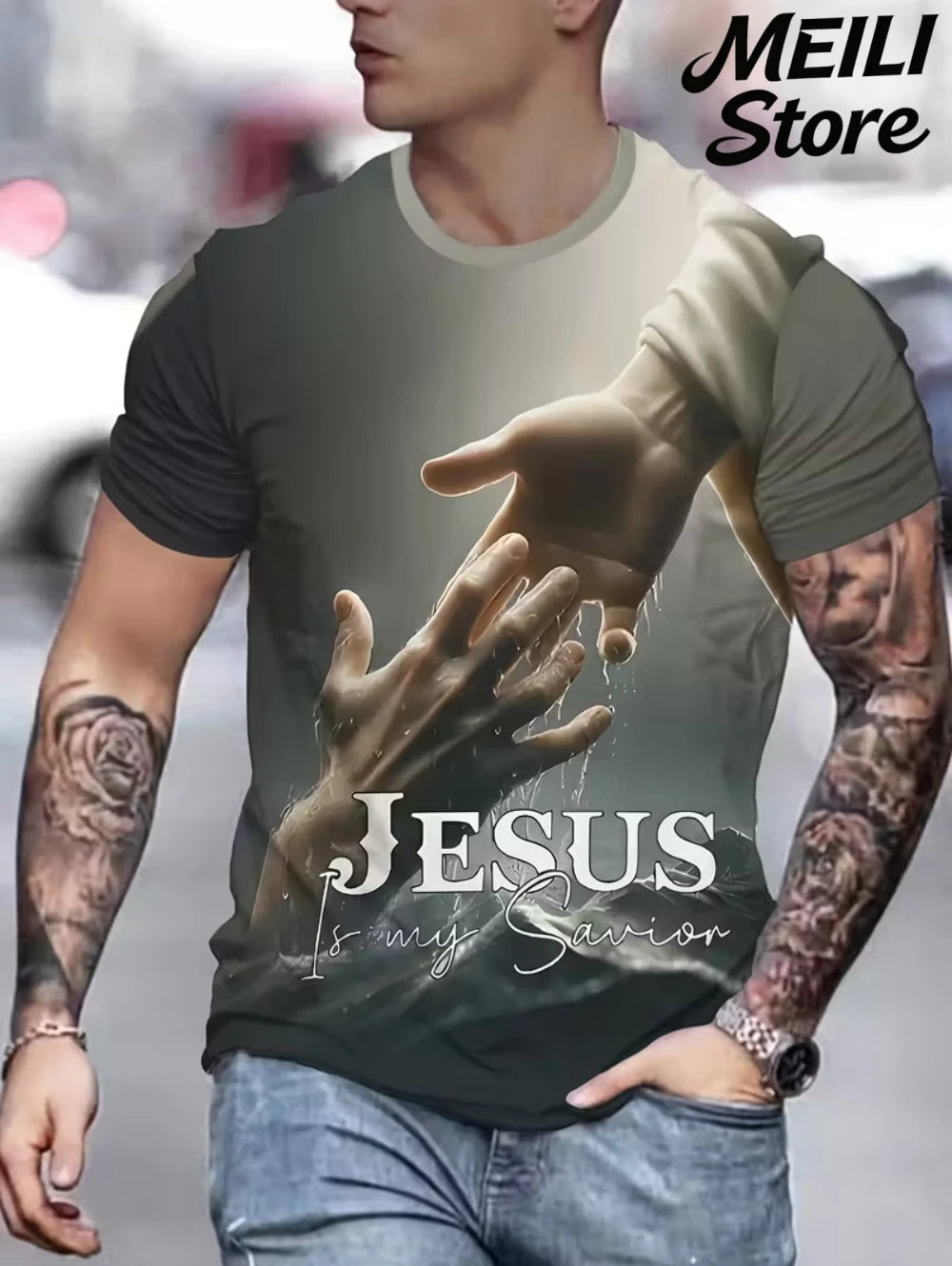 Men's 3D Jesus Print T-Shirt Short Sleeve Casual Crew Neck Praying Hands Design T Shirt for Men New in Oversized Tee Shirt Tops
