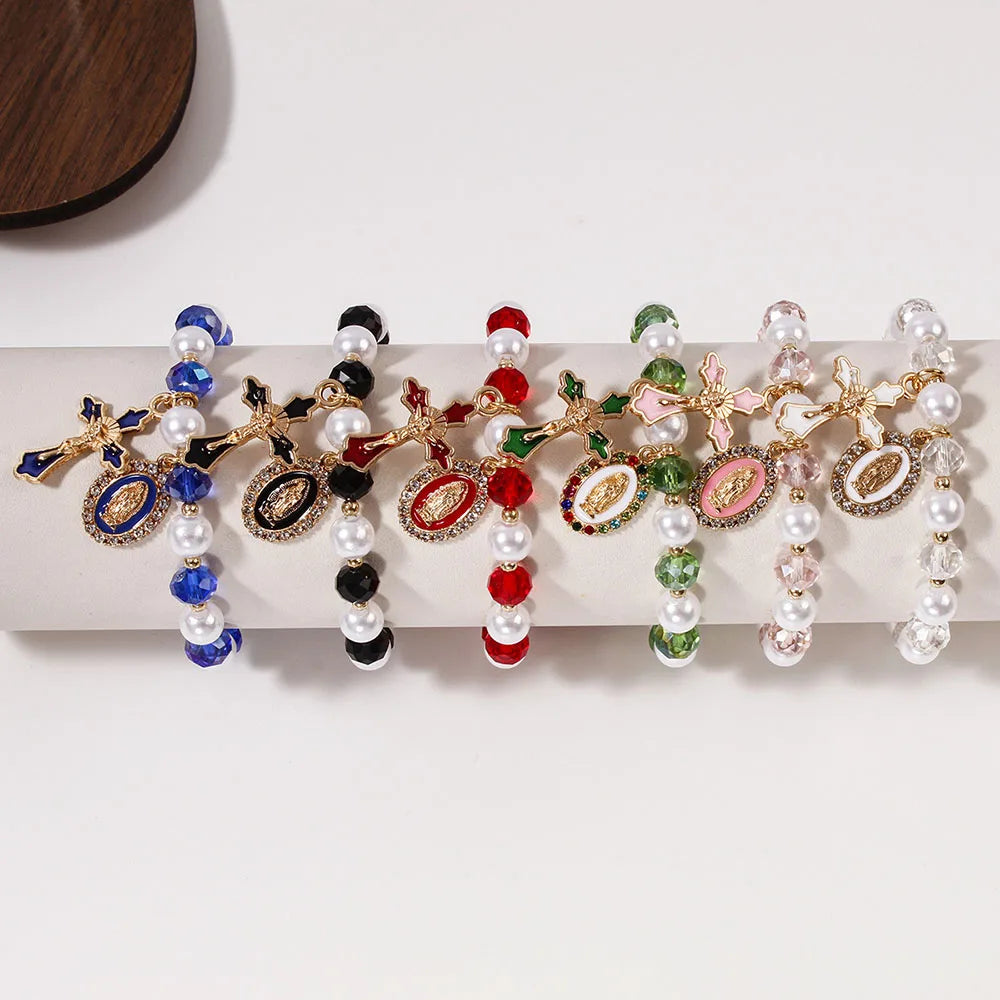 Christian Crystal Pearl Bracelet Jesus Cross Virgin Mary Pendant Religious Jewelry for Women Boho Y2K Prayer Wrist Jewelry Gift