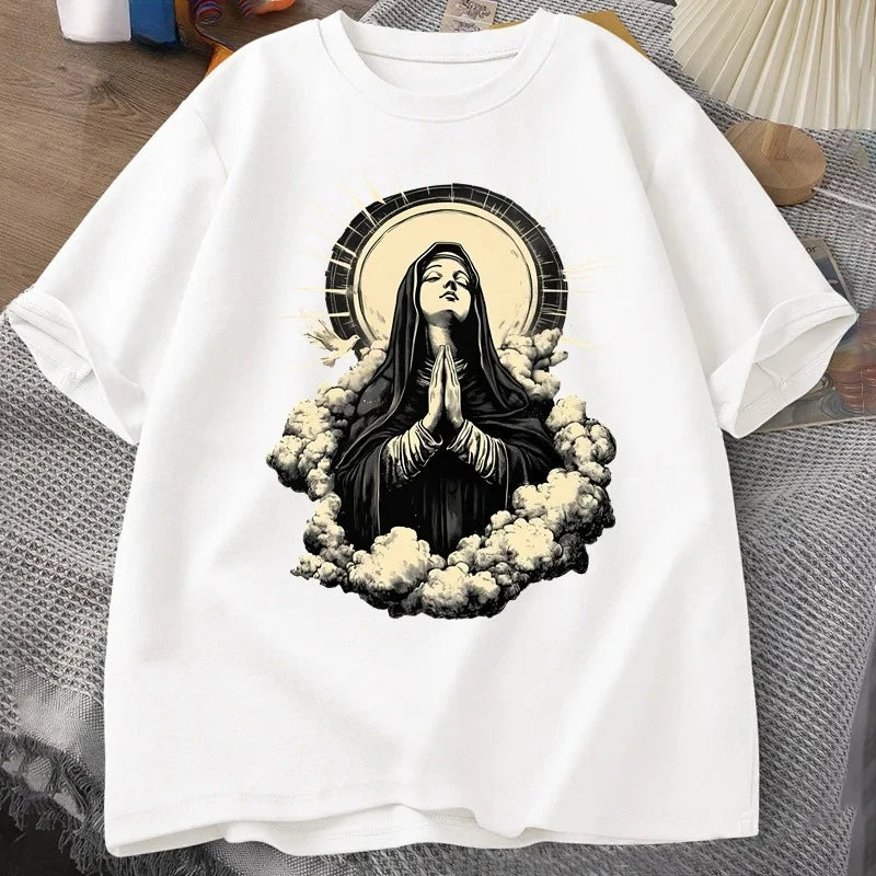 Christian T Shirt Virgin Mary Graphic Tshirt Faith Unisex Tee Christmas or Easter T-shirt Tee Shirt Cotton Short Sleeve Clothes