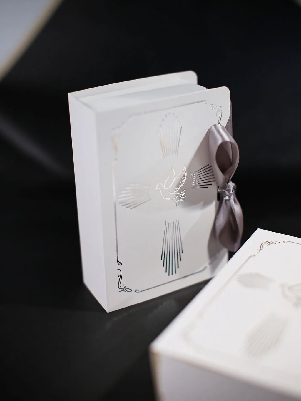 Christian baptism gift box, gold and silver ribbons, a dove in the cross pattern, baptism candy box, sacred baptism