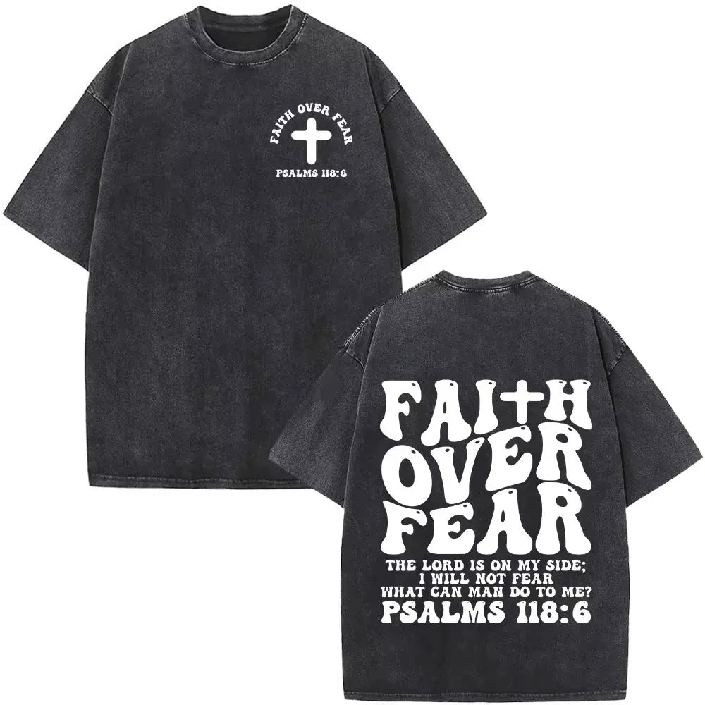2026 new Christianity-themed patterned printed vintage washed water buffalo denim T-shirt  Fashion hip-hop short-sleeved T-shirt