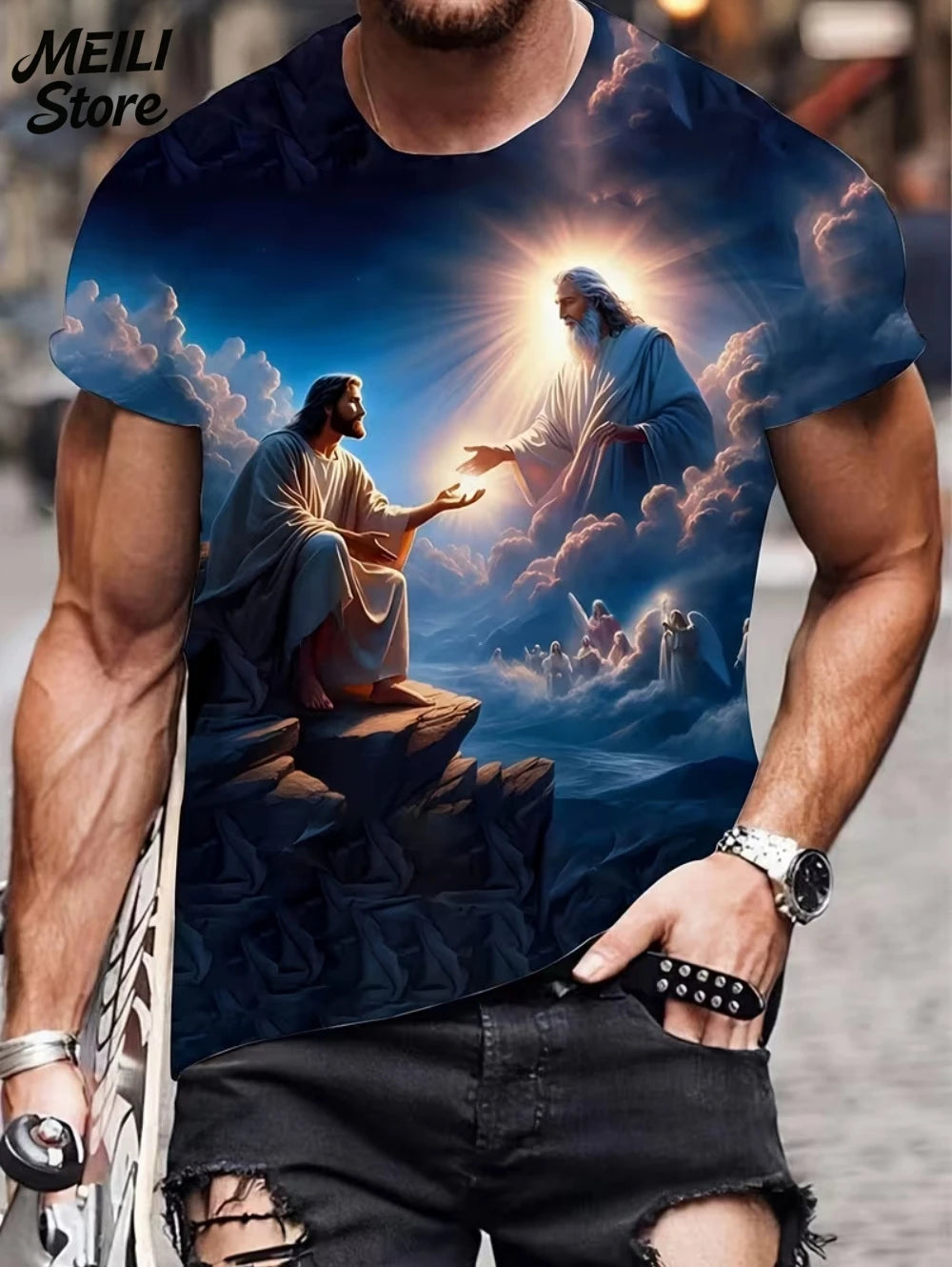 Men's 3D Jesus Print T-Shirt Short Sleeve Casual Crew Neck Praying Hands Design T Shirt for Men New in Oversized Tee Shirt Tops