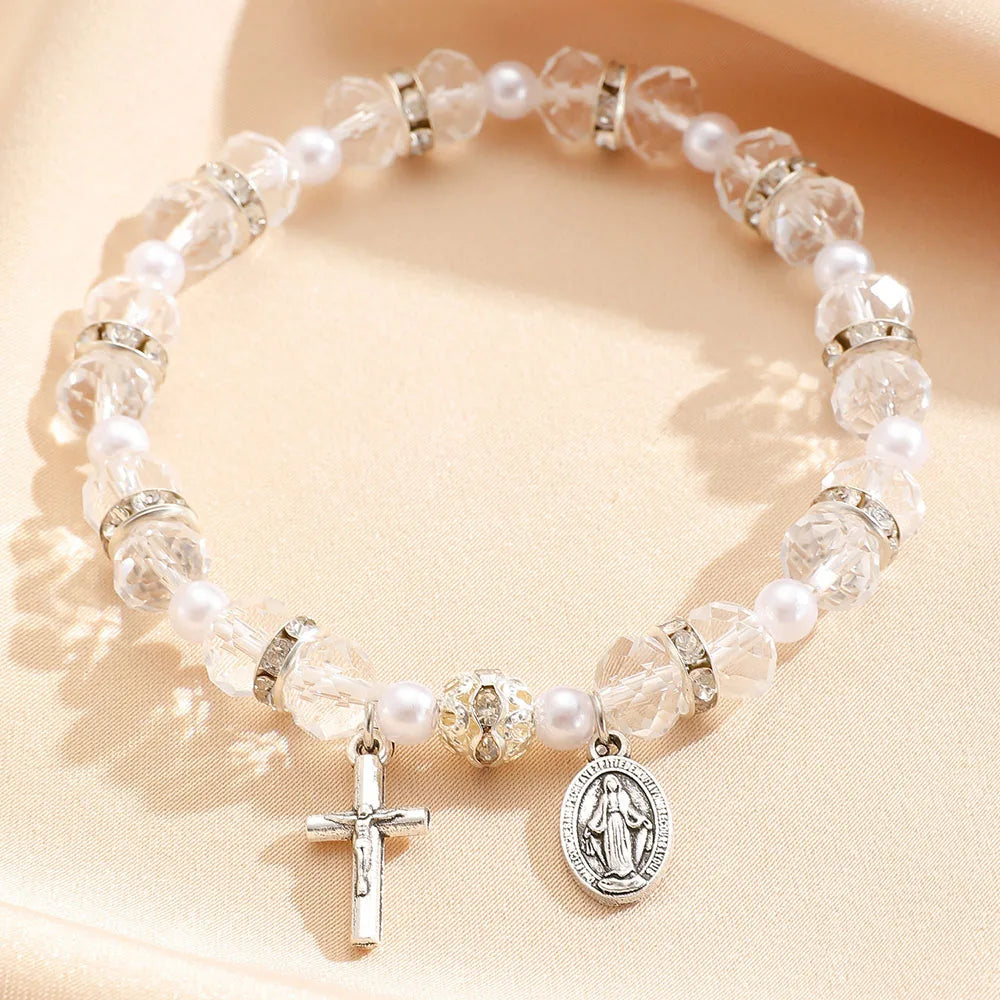 Christian Crystal Pearl Bracelet Jesus Cross Virgin Mary Pendant Religious Jewelry for Women Boho Y2K Prayer Wrist Jewelry Gift