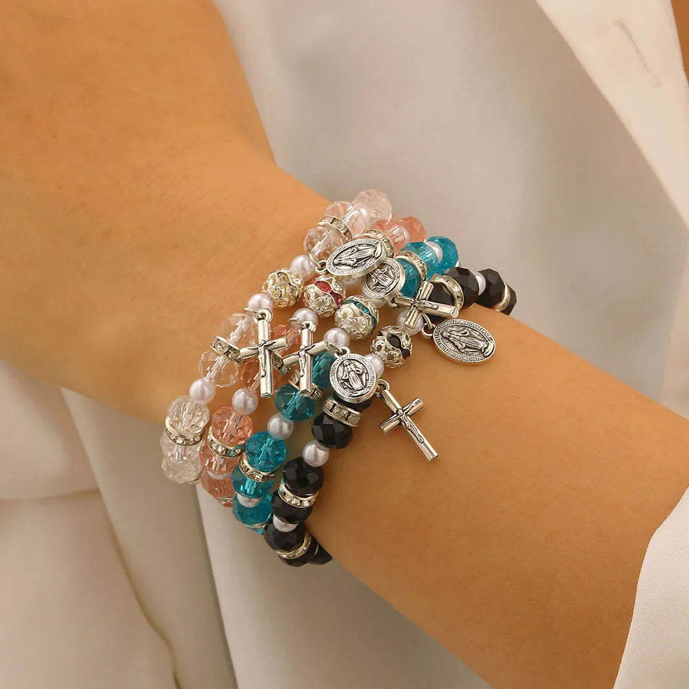 Christian Crystal Pearl Bracelet Jesus Cross Virgin Mary Pendant Religious Jewelry for Women Boho Y2K Prayer Wrist Jewelry Gift