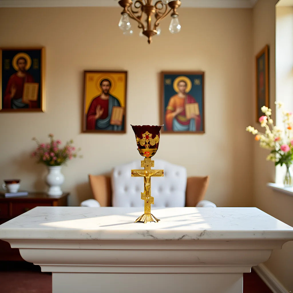 Christian Oil Lamp with Chalice and Crucifix, Zinc Alloy Red Glass Wick Holder, Religious Home Altar, Church Decor