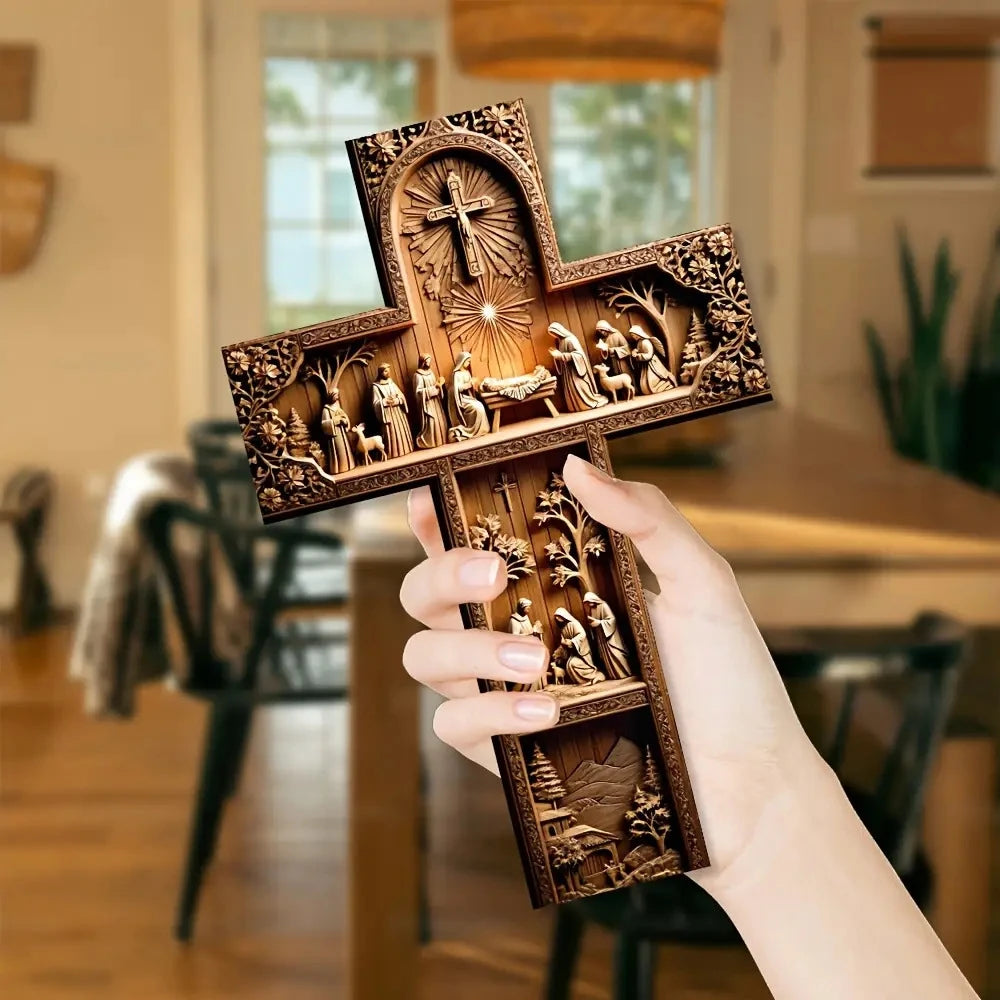 2D Flat Cross-Shaped Wall Decoration Jesus Christ Recycled Wood Christian Religion Artistic Scene Home Decor Faith-Based Design
