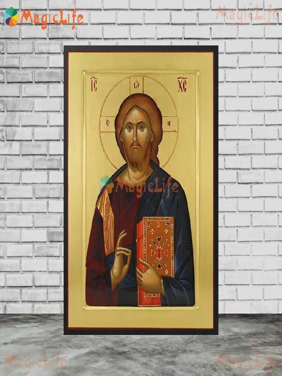 Christ Blessing Icon Orthodox Pantocrator Wall Art Unframed Canvas Painting for Church Room Decor