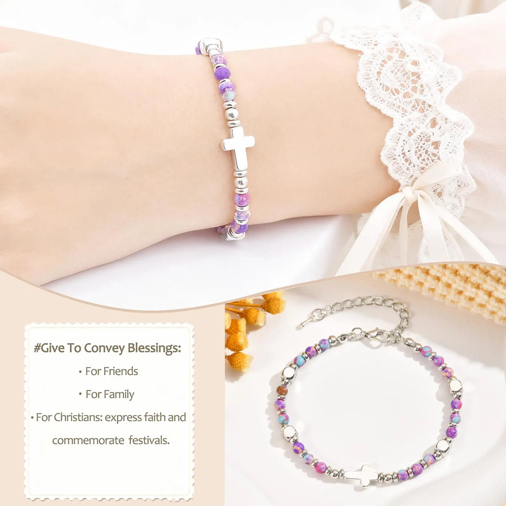 Christian Baptism Religious Beaded Cross Bracelet for Women Pink Crystal Beads Chain Bracelets Christian Easter Jewelry Gift