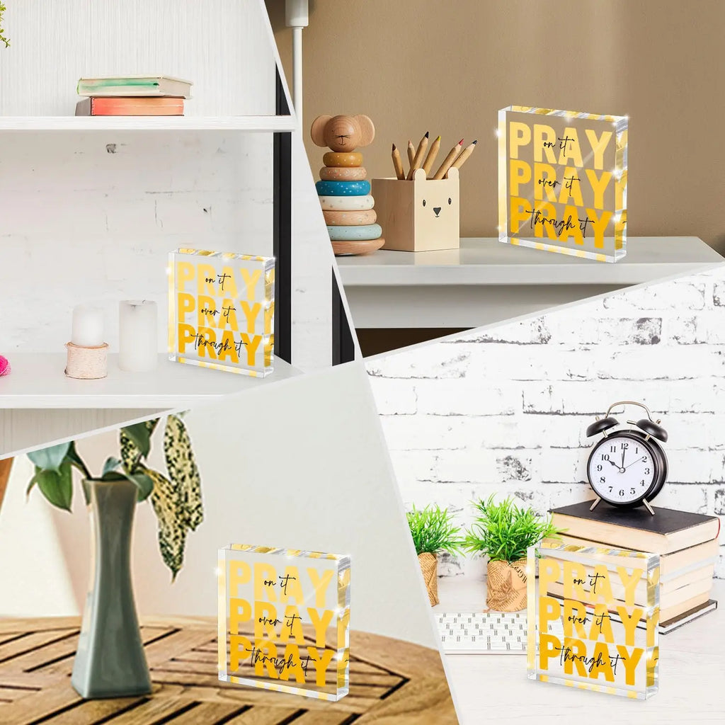 Yellow Dorm Room Decor for Women, Ideal Christian Gifts for Women - Pray On It,Pray Over It - Bible Verse Desk Art, Inspiration