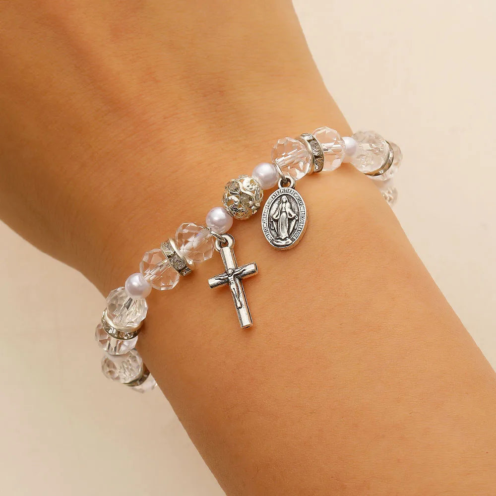 Christian Crystal Pearl Bracelet Jesus Cross Virgin Mary Pendant Religious Jewelry for Women Boho Y2K Prayer Wrist Jewelry Gift