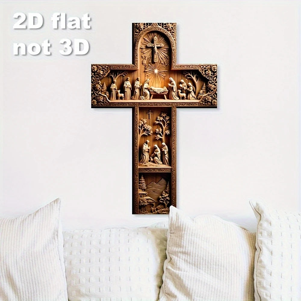 2D Flat Cross-Shaped Wall Decoration Jesus Christ Recycled Wood Christian Religion Artistic Scene Home Decor Faith-Based Design