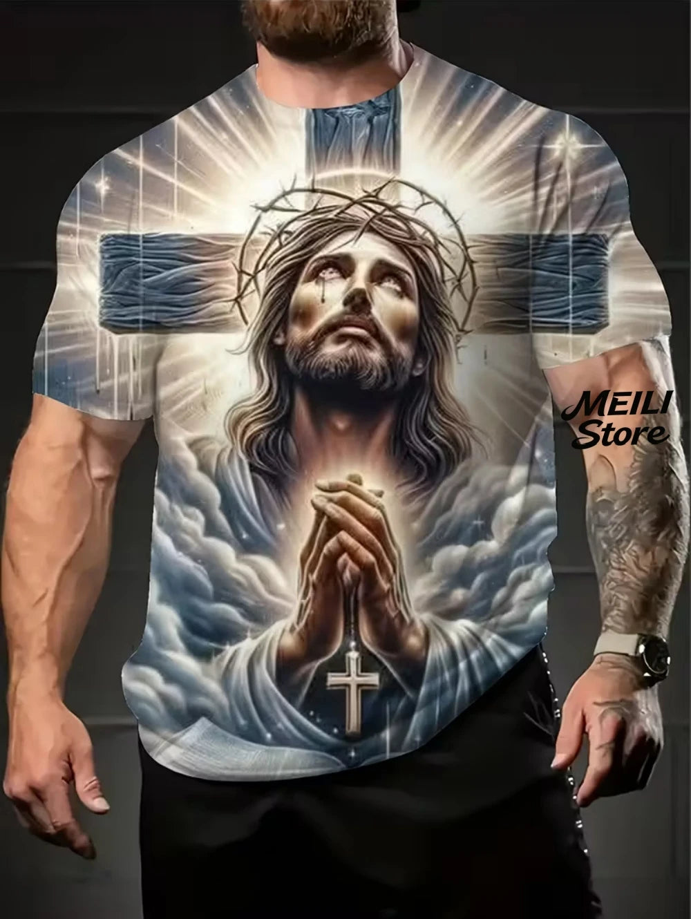 Men's 3D Jesus Print T-Shirt Short Sleeve Casual Crew Neck Praying Hands Design T Shirt for Men New in Oversized Tee Shirt Tops