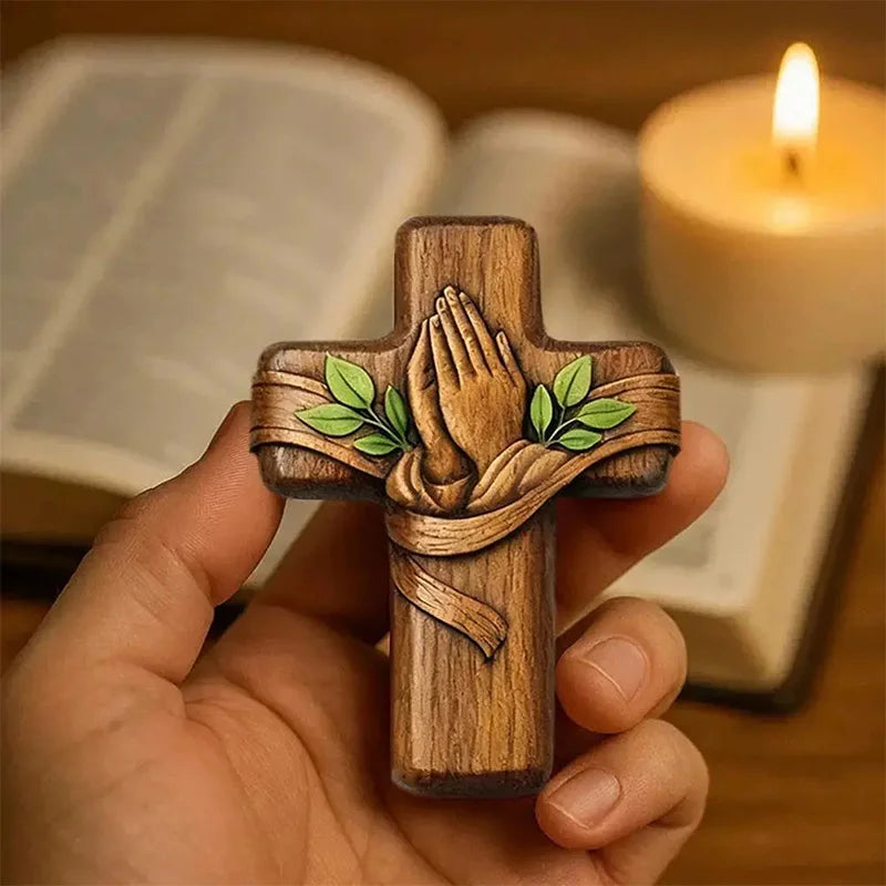 Mini Wooden Praying Hands Cross Table Ornament Christian Religious Decoration Home Room Figurines Children Adults Festival Gifts