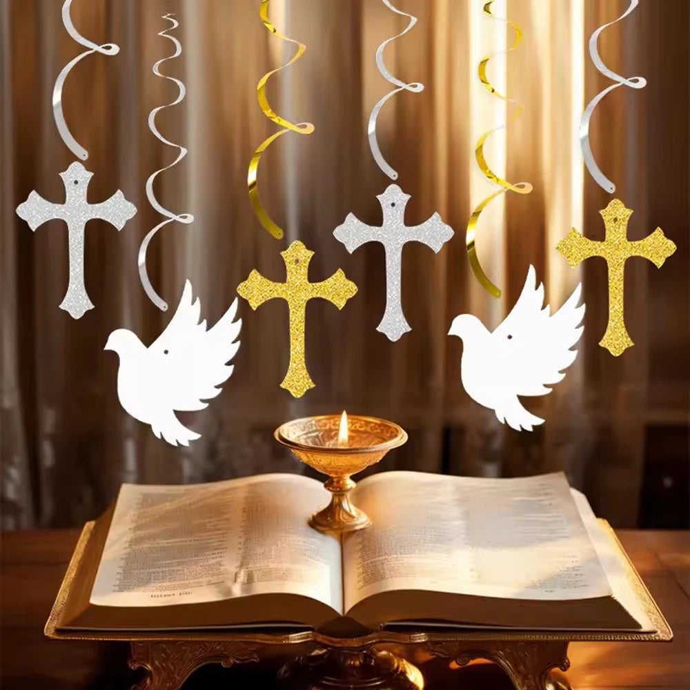 Religious Party Decor Set First Communion Baptism Hanging Swirls & Wooden Confetti Cross Dove Star for Christian Party Supplies