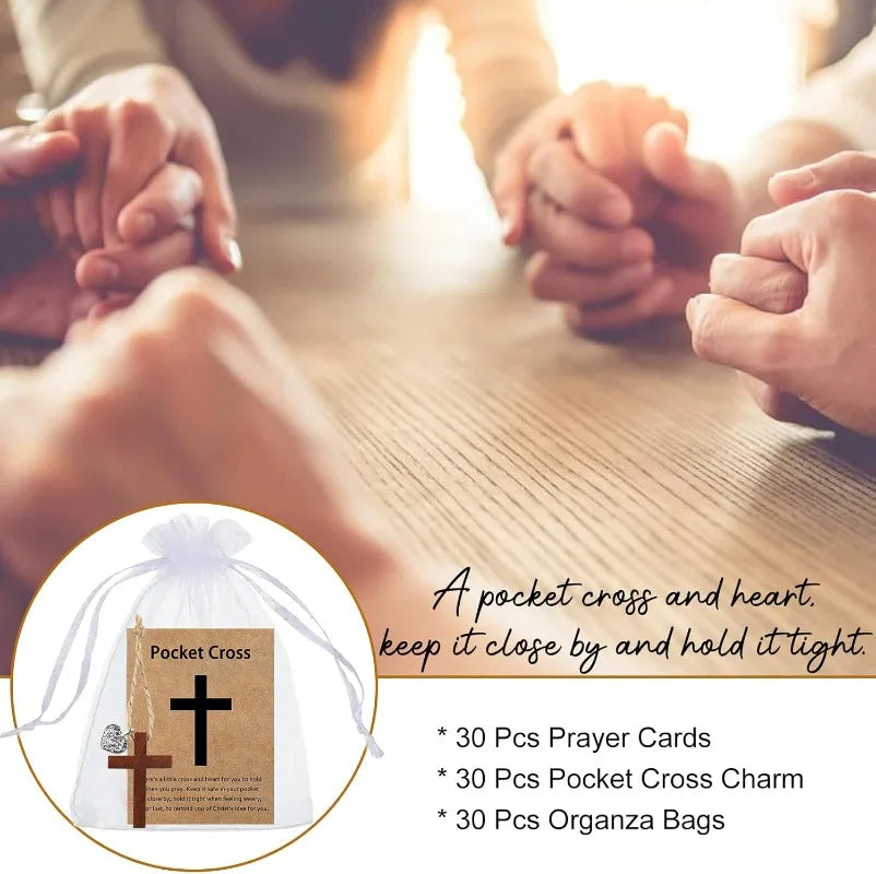 12 Set Cross Christian Party Favors Wooden Pocket Cross Charm Christian Religious Gifts Faith Based Comfort Baptism Gift