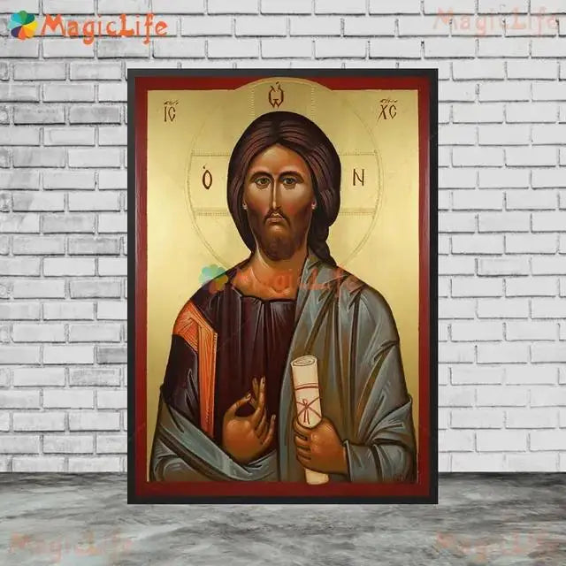 Christ Blessing Icon Orthodox Pantocrator Wall Art Unframed Canvas Painting for Church Room Decor