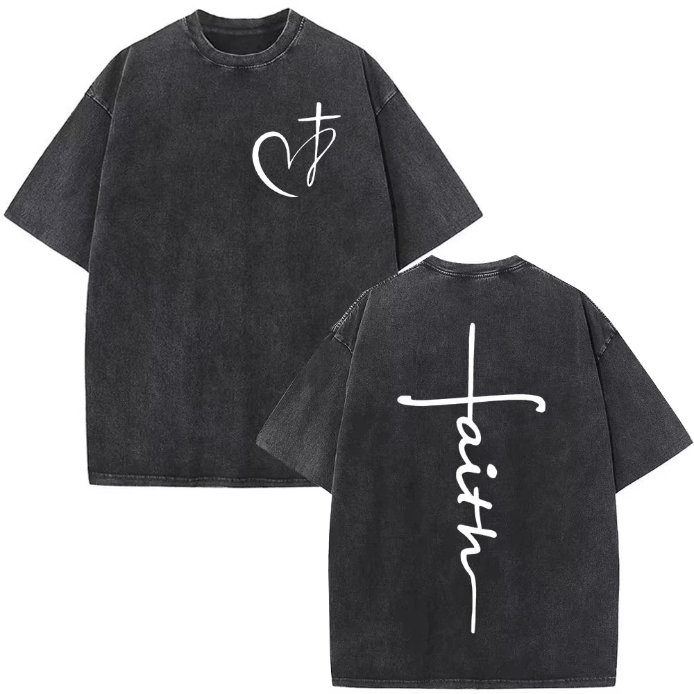 2026 new Christianity-themed patterned printed vintage washed water buffalo denim T-shirt  Fashion hip-hop short-sleeved T-shirt
