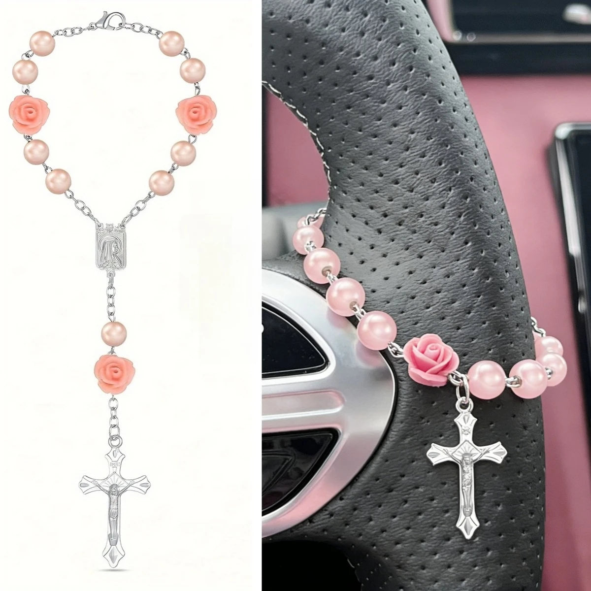 Christian Car Gift,Cross Steering Wheel Prayer Beads Charm,Catholic Prayer Protection Ornament,Interior Decor,Hanging Accessor