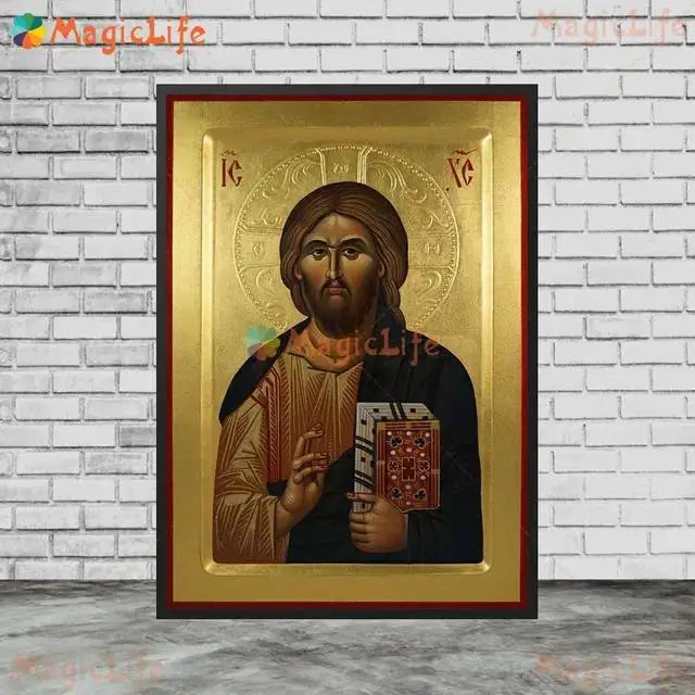 Christ Blessing Icon Orthodox Pantocrator Wall Art Unframed Canvas Painting for Church Room Decor