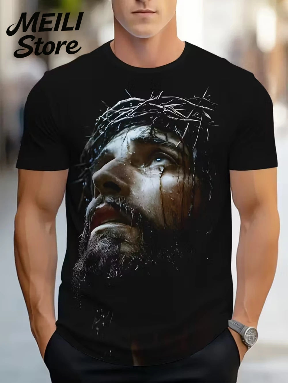 Men's 3D Jesus Print T-Shirt Short Sleeve Casual Crew Neck Praying Hands Design T Shirt for Men New in Oversized Tee Shirt Tops