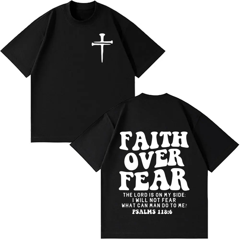 Faith Over Fear Christian Minimalist Cross Bible Verse Graphic T-Shirt Men Women Vintage T-shirt Loose Casual Oversized T-shirts