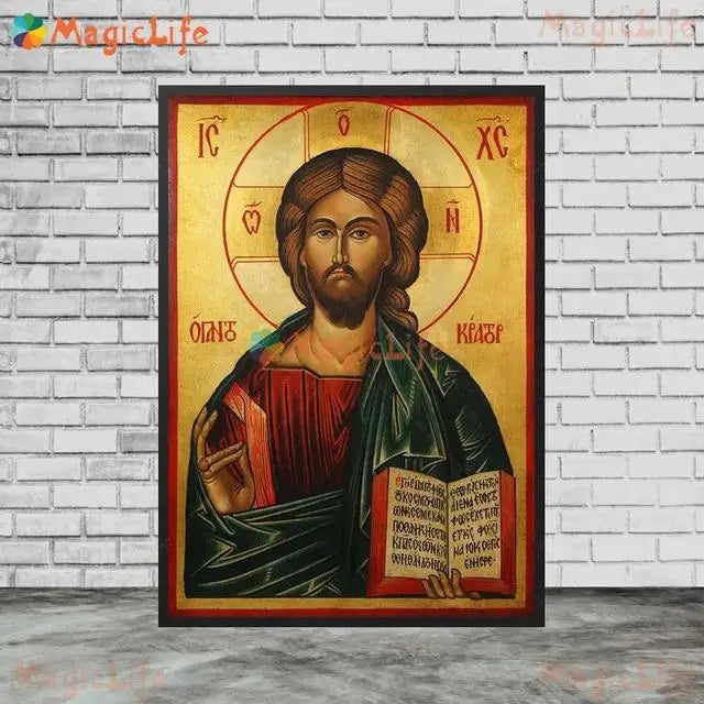 Christ Blessing Icon Orthodox Pantocrator Wall Art Unframed Canvas Painting for Church Room Decor