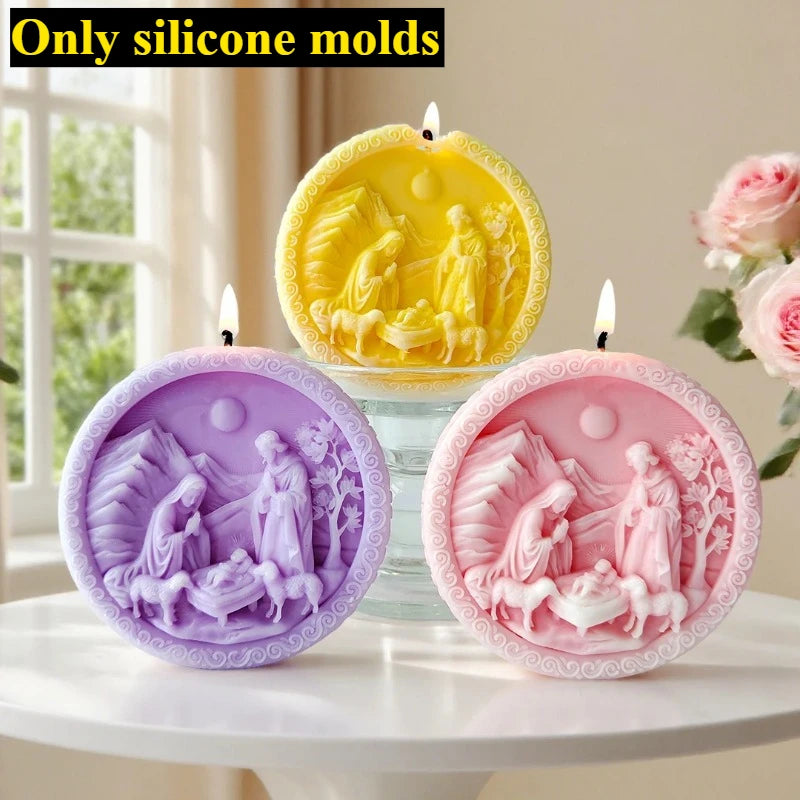 Virgin Jesus Family Silicone Candle Mold DIY Catholic Nativity Statue Craft Gypsum Cement Soap Mold Religious Decoration Gift
