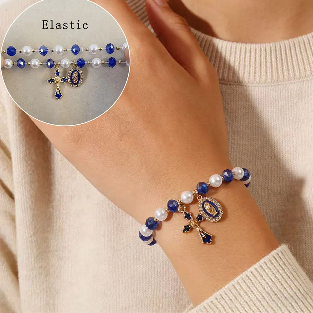 Christian Crystal Pearl Bracelet Jesus Cross Virgin Mary Pendant Religious Jewelry for Women Boho Y2K Prayer Wrist Jewelry Gift