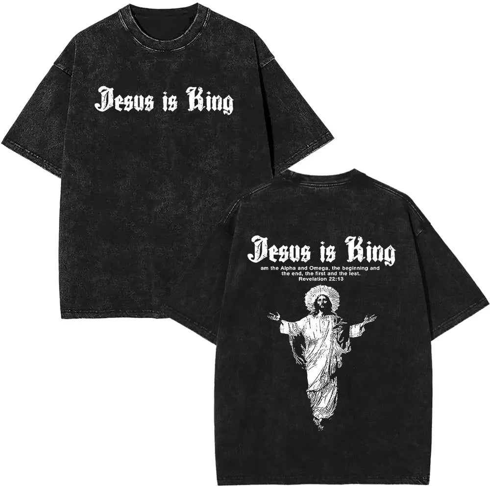 Jesus Is King Christian Religious Bible Vintage Washed T-shirt Men Women Cotton Casual Short Sleeve Oversized T Shirt Streetwear