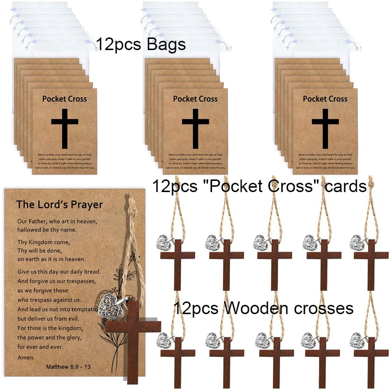 12 Set Cross Christian Party Favors Wooden Pocket Cross Charm Christian Religious Gifts Faith Based Comfort Baptism Gift