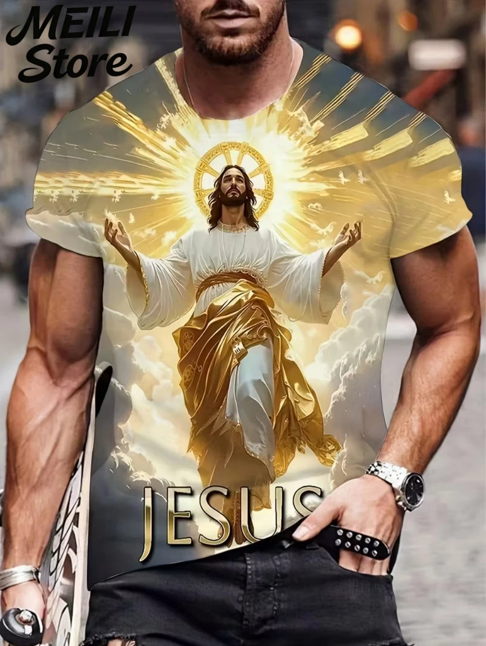 Men's 3D Jesus Print T-Shirt Short Sleeve Casual Crew Neck Praying Hands Design T Shirt for Men New in Oversized Tee Shirt Tops