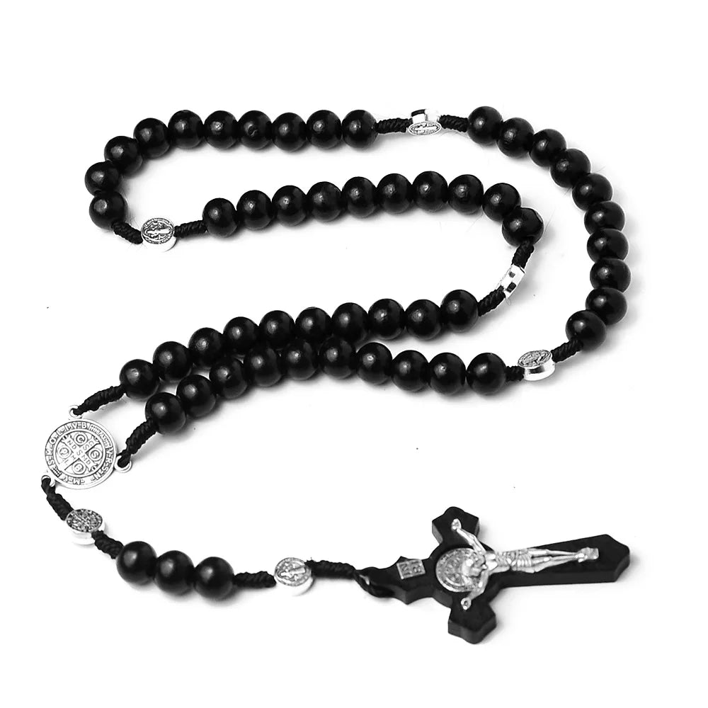 Christian 10MM Wood Beaded Rosary Necklaces For Women Catholic INRI Crucifix Cross Pendant Chain Men Religion Prayer Jewelry