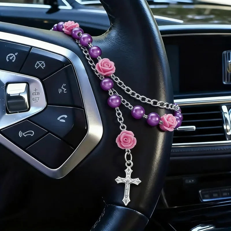 Christian Car Gift,Cross Steering Wheel Prayer Beads Charm,Catholic Prayer Protection Ornament,Interior Decor,Hanging Accessor