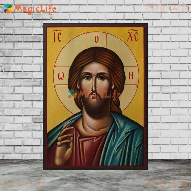Christ Blessing Icon Orthodox Pantocrator Wall Art Unframed Canvas Painting for Church Room Decor