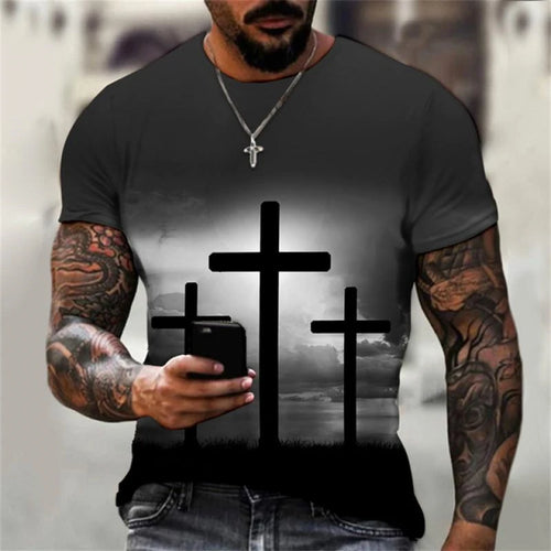 3D Print Christian T Shirts Oversized Tee Shirt Gothic Jesus Christ Cross O-Neck Tops Vintage Hip Hop Short Sleeve Men Clothing