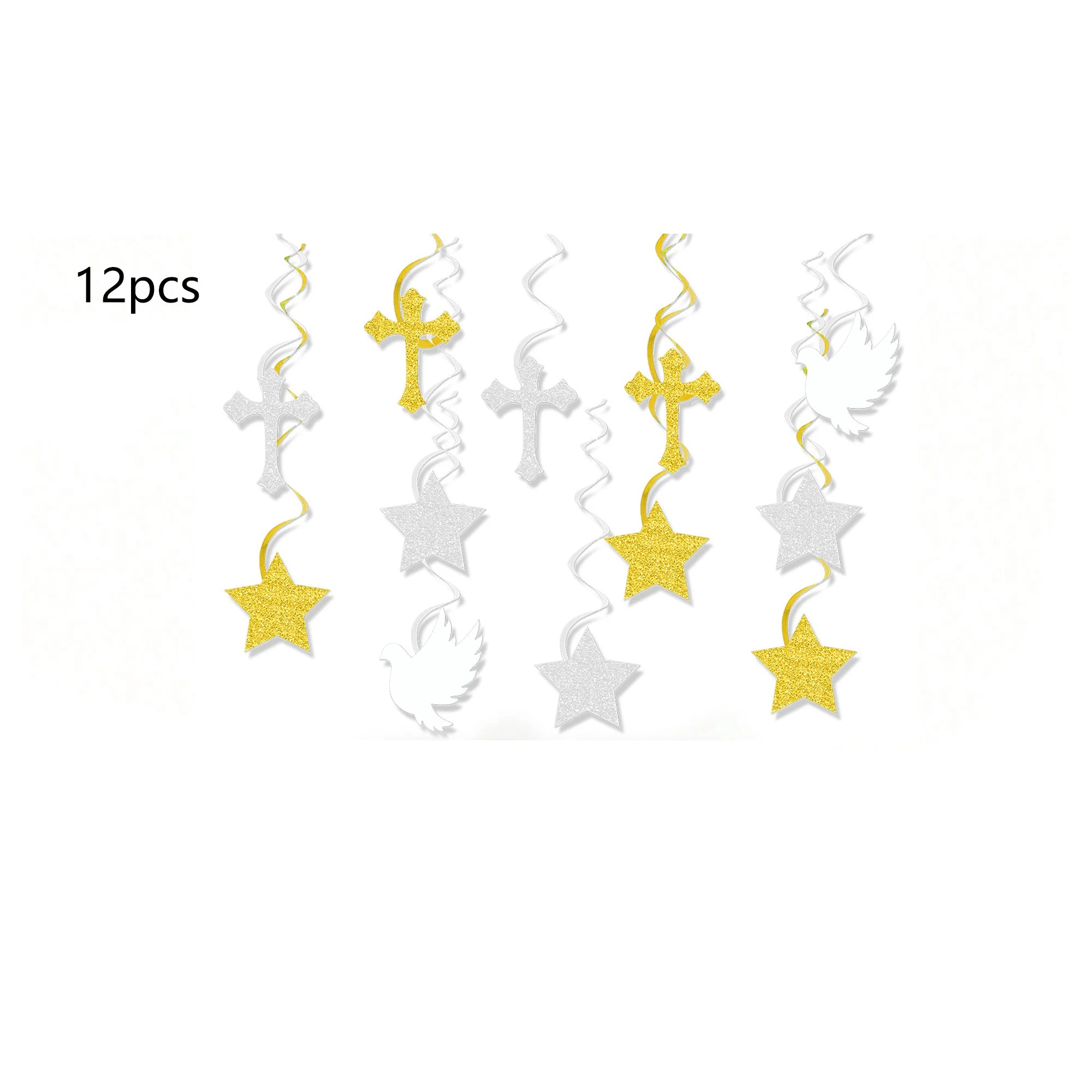 Religious Party Decor Set First Communion Baptism Hanging Swirls & Wooden Confetti Cross Dove Star for Christian Party Supplies