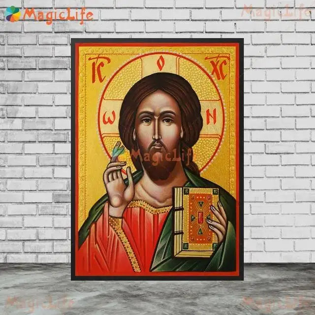 Christ Blessing Icon Orthodox Pantocrator Wall Art Unframed Canvas Painting for Church Room Decor