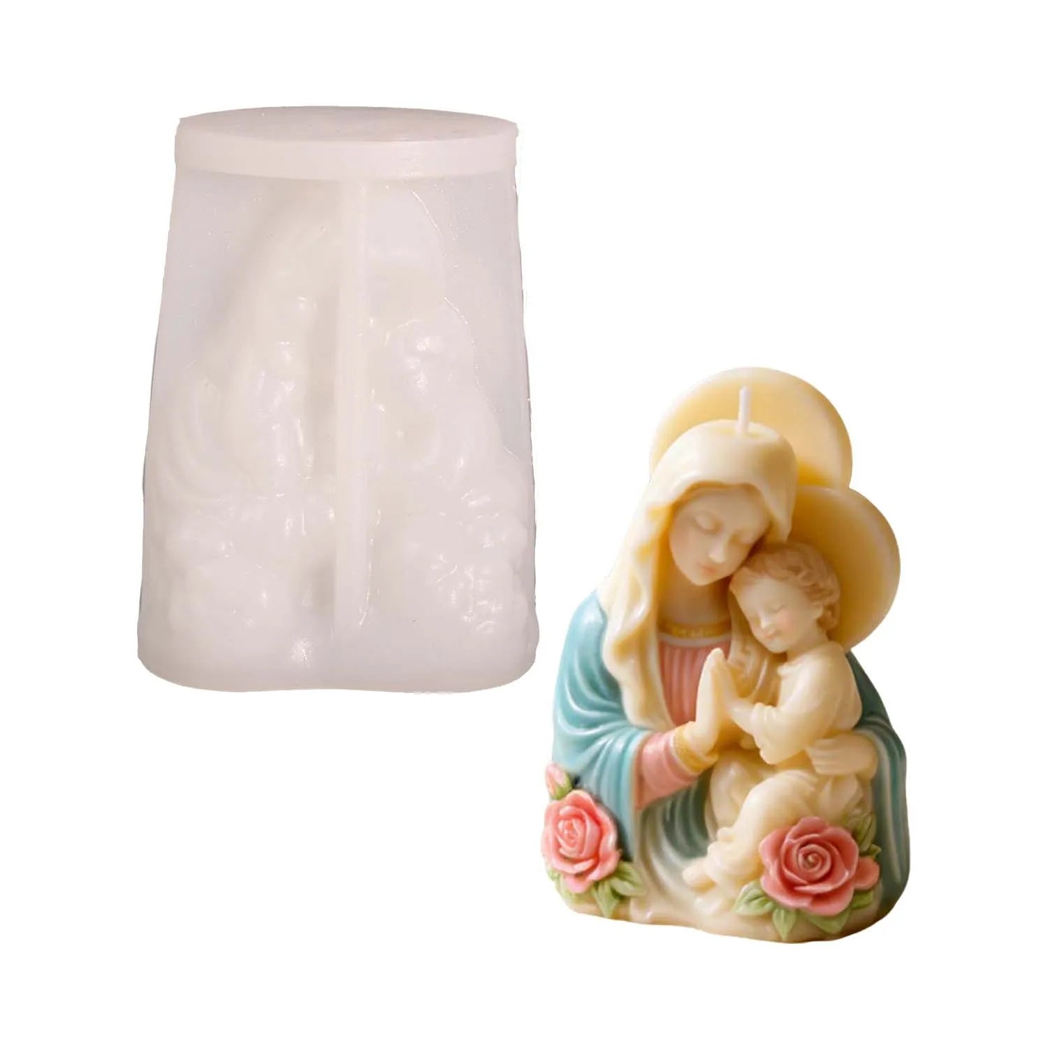 Virgin Mary Baby Jesus Silicone Mold 3D Religious Candle Soap Resin Mold Rose Accents Sacred Heart Easter Christmas Home Decor