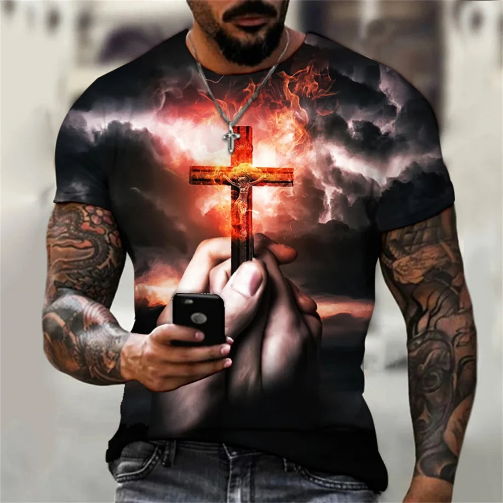 Christian T Shirts Oversized Tee Shirt Gothic Jesus Christ Cross 3D Print O-Neck Tops Vintage Hip Hop Short Sleeve Men Clothing