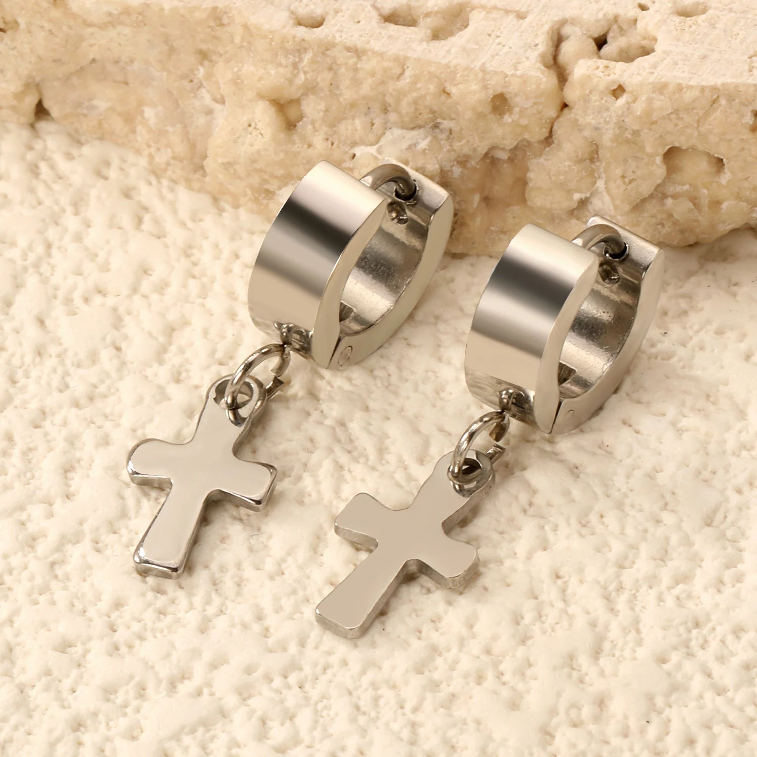 LUXUKISSKIDS Christian Cross Pendant Earrings Steel Punk Men/Woman Cross Charm Drop Earrings Huggie Round Ears Dangling Clips