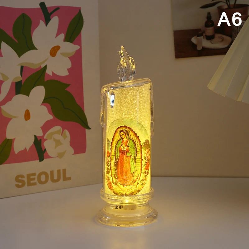 Flameless LED Prayer Candle with Jesus & Virgin Mary - Decorative Religious Night Light for Home Altar or Gift