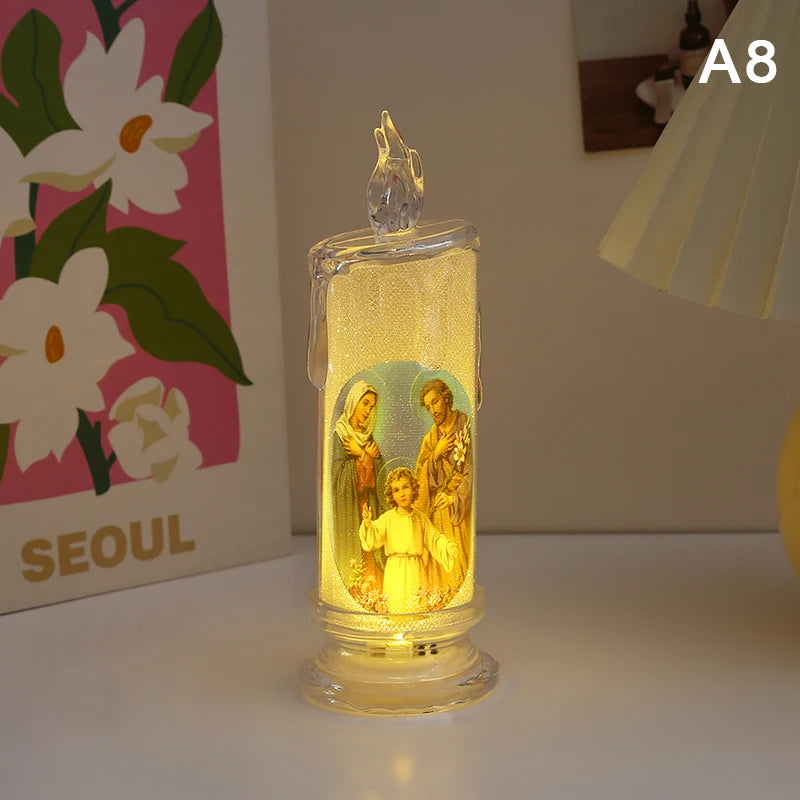 Flameless LED Prayer Candle with Jesus & Virgin Mary - Decorative Religious Night Light for Home Altar or Gift