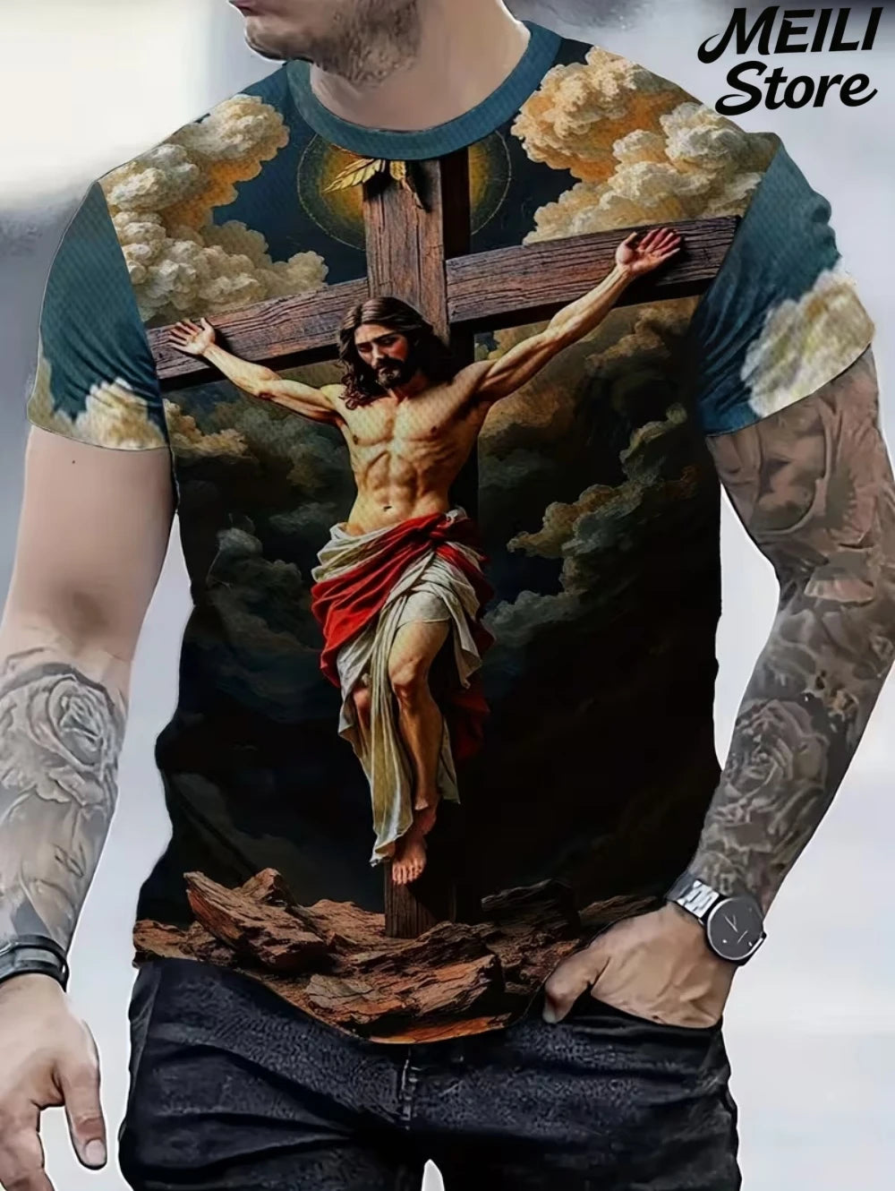 Men's 3D Jesus Print T-Shirt Short Sleeve Casual Crew Neck Praying Hands Design T Shirt for Men New in Oversized Tee Shirt Tops