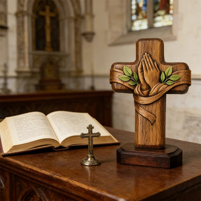 Mini Wooden Praying Hands Cross Table Ornament Christian Religious Decoration Home Room Figurines Children Adults Festival Gifts