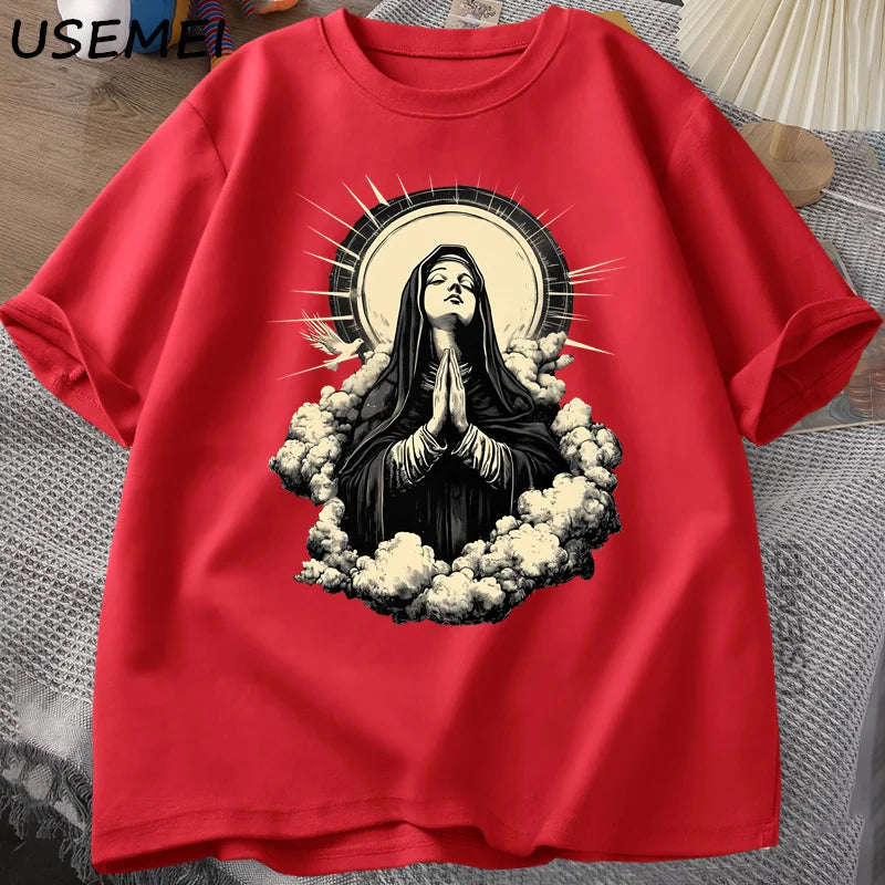 Christian T Shirt Virgin Mary Graphic Tshirt Faith Unisex Tee Christmas or Easter T-shirt Tee Shirt Cotton Short Sleeve Clothes